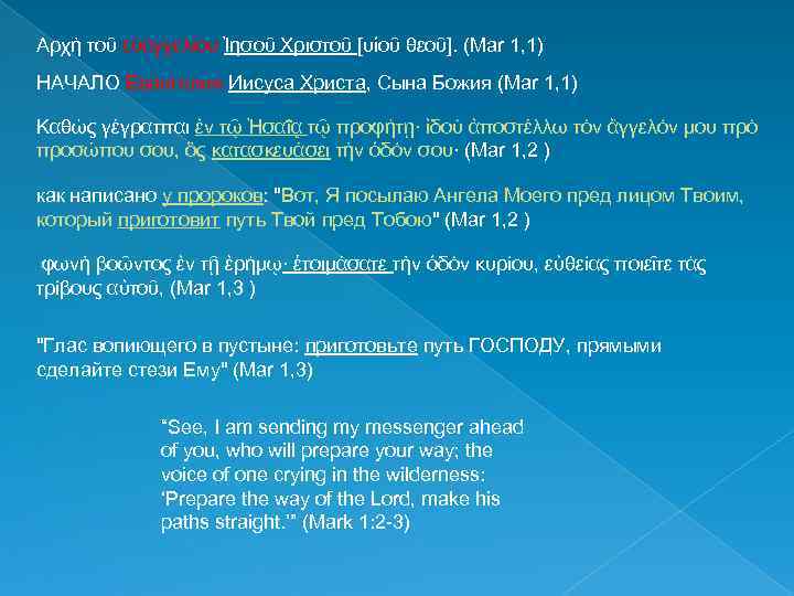Αρχὴ τοῦ εὐαγγελίου Ἰησοῦ Χριστοῦ [υἱοῦ θεοῦ]. (Mar 1, 1) НАЧАЛО Евангелия Иисуса Христа,