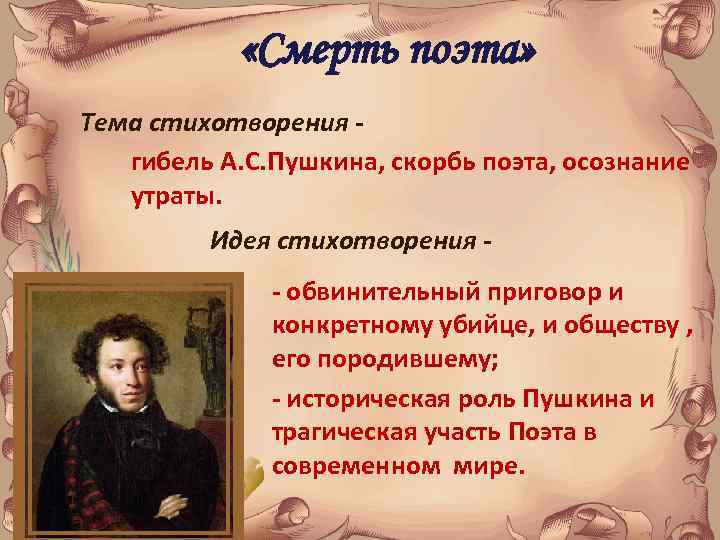  «Смерть поэта» Тема стихотворения гибель А. С. Пушкина, скорбь поэта, осознание утраты. Идея