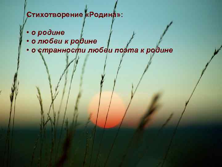 Стихотворение «Родина» : • о родине • о любви к родине • о странности