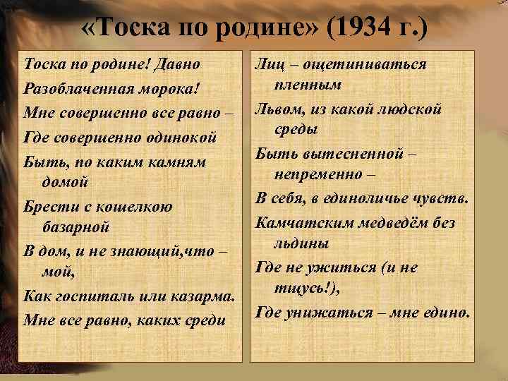  «Тоска по родине» (1934 г. ) Тоска по родине! Давно Разоблаченная морока! Мне