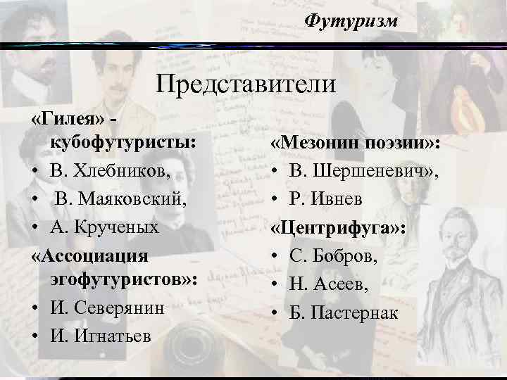 Футуризм Представители «Гилея» кубофутуристы: • В. Хлебников, • В. Маяковский, • А. Крученых «Ассоциация