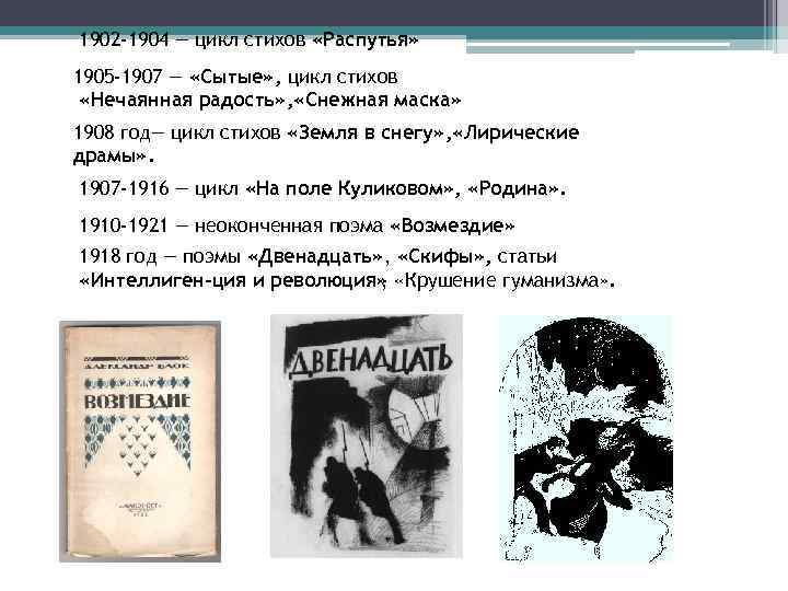 1902 -1904 — цикл стихов «Распутья» 1905 -1907 — «Сытые» , цикл стихов «Нечаянная