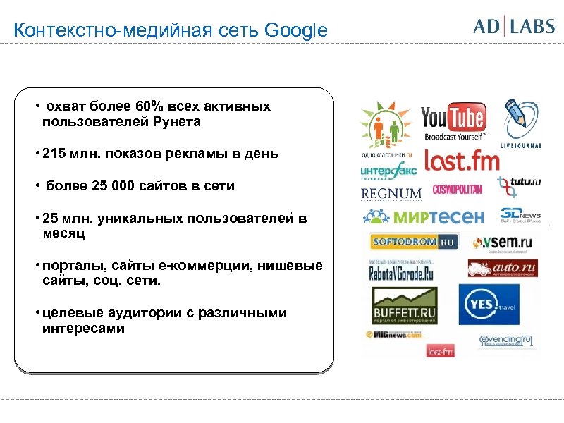 Контекстно-медийная сеть Google • охват более 60% всех активных пользователей Рунета • 215 млн.