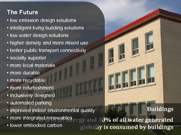 The Future • low emission design solutions • intelligent living building solutions • low