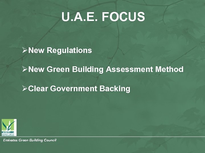 U. A. E. FOCUS ØNew Regulations ØNew Green Building Assessment Method ØClear Government Backing