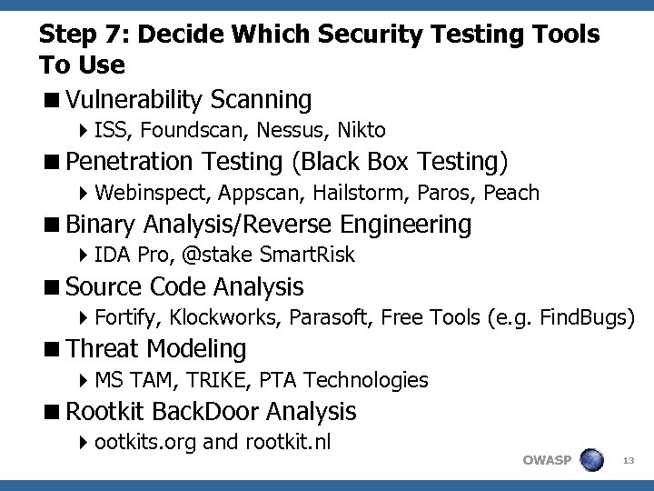 Step 7: Decide Which Security Testing Tools To Use <Vulnerability Scanning 4 ISS, Foundscan,