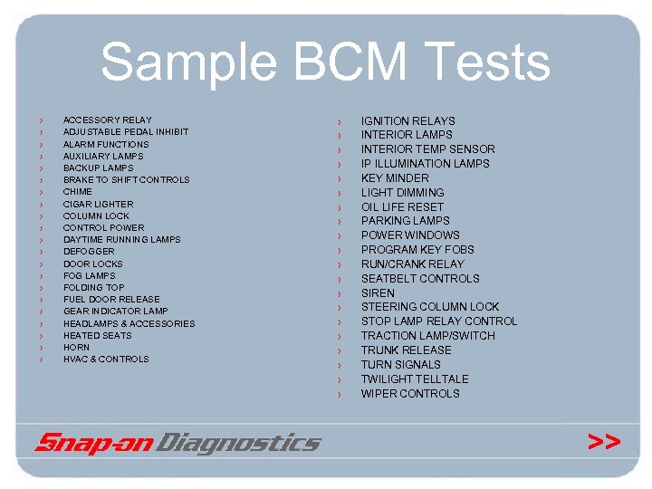 Sample BCM Tests › › › › › › ACCESSORY RELAY ADJUSTABLE PEDAL INHIBIT