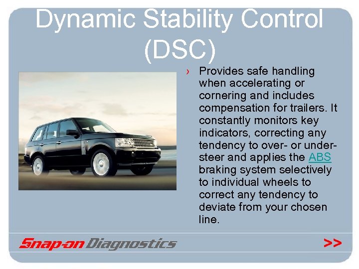 Dynamic Stability Control (DSC) › Provides safe handling when accelerating or cornering and includes