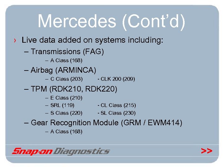 Mercedes (Cont’d) › Live data added on systems including: – Transmissions (FAG) – A