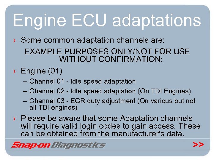 Engine ECU adaptations › Some common adaptation channels are: EXAMPLE PURPOSES ONLY/NOT FOR USE