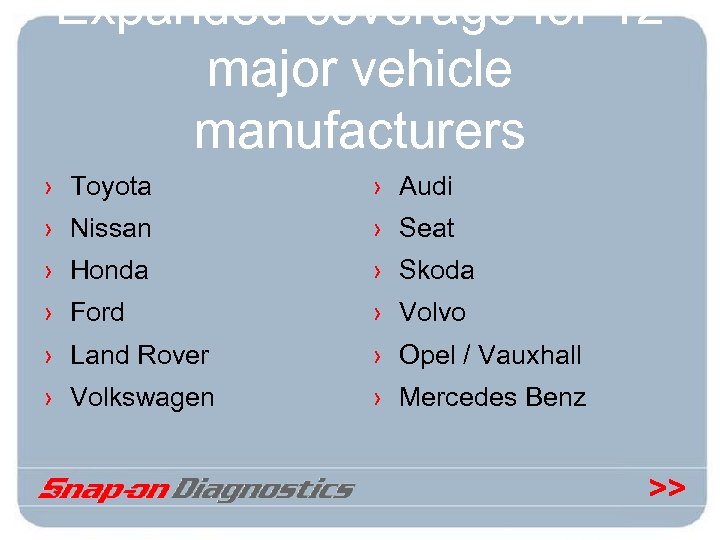 Expanded coverage for 12 major vehicle manufacturers › Toyota › Audi › Nissan ›