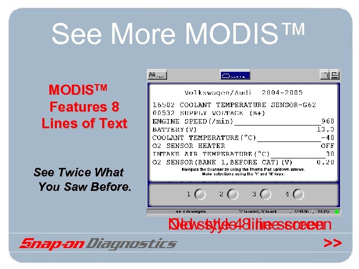 See More MODIS™ MODISTM Features 8 Lines of Text See Twice What You Saw