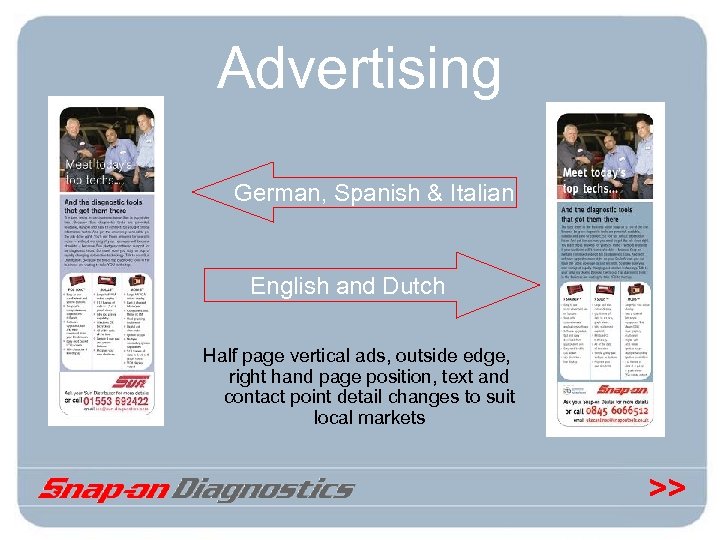 Advertising German, Spanish & Italian English and Dutch Half page vertical ads, outside edge,