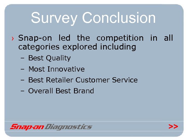 Survey Conclusion › Snap-on led the competition in all categories explored including – Best