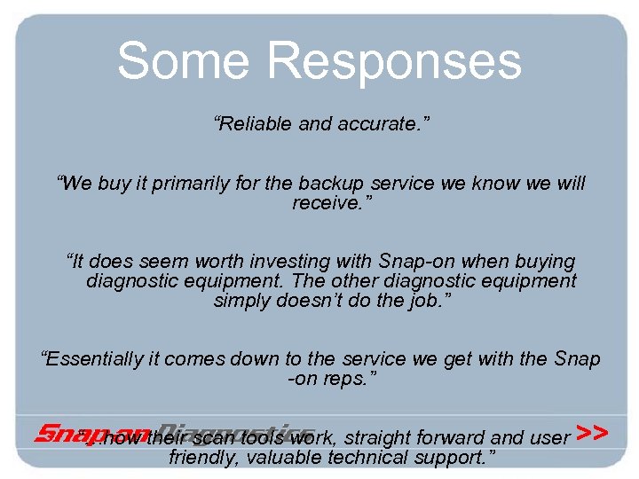 Some Responses “Reliable and accurate. ” “We buy it primarily for the backup service