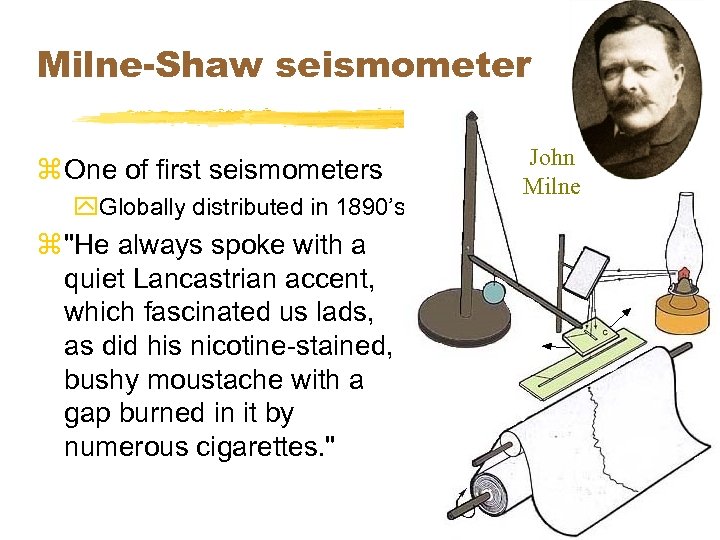 Milne-Shaw seismometer z One of first seismometers y. Globally distributed in 1890’s z 