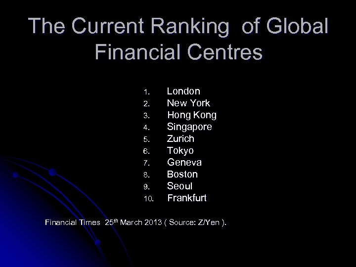 The Current Ranking of Global Financial Centres 1. 2. 3. 4. 5. 6. 7.