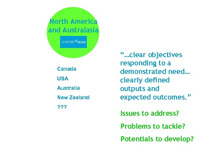 North America and Australasia Canada USA Australia New Zealand ? ? ? “…clear objectives
