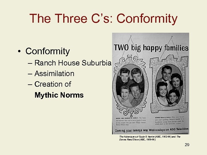 The Three C’s: Conformity • Conformity – Ranch House Suburbia – Assimilation – Creation