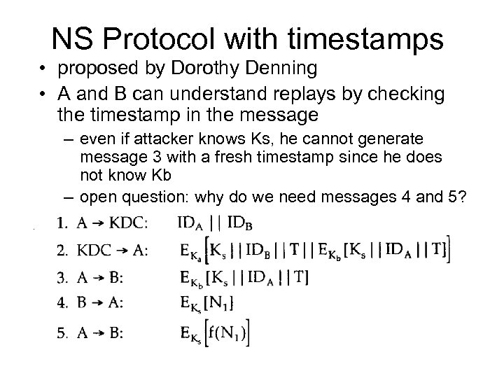 NS Protocol with timestamps • proposed by Dorothy Denning • A and B can