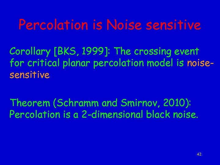 Percolation is Noise sensitive Corollary [BKS, 1999]: The crossing event for critical planar percolation