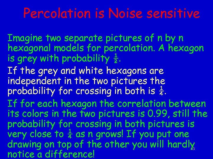 Percolation is Noise sensitive Imagine two separate pictures of n by n hexagonal models