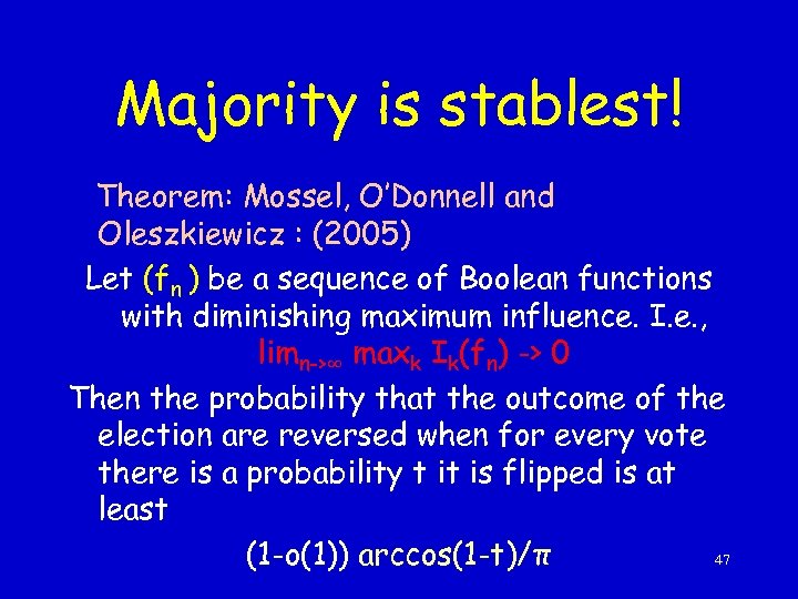 Majority is stablest! Theorem: Mossel, O’Donnell and Oleszkiewicz : (2005) Let (fn ) be