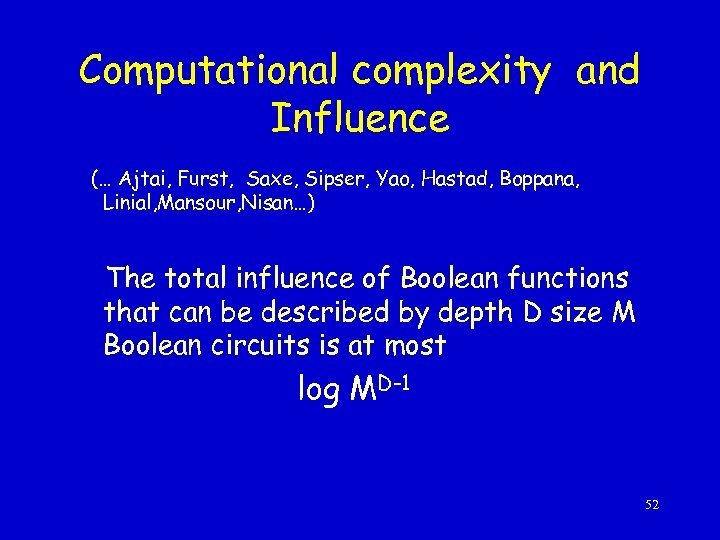 Computational complexity and Influence (… Ajtai, Furst, Saxe, Sipser, Yao, Hastad, Boppana, Linial, Mansour,