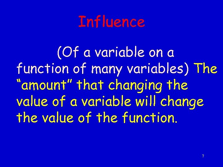 Influence (Of a variable on a function of many variables) The “amount” that changing