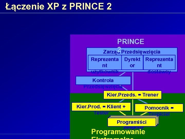 Łączenie XP z PRINCE 2 Zarząd Przedsięwzięcia Reprezenta nt użytkownik ów Kontrola Dyrekt Reprezenta