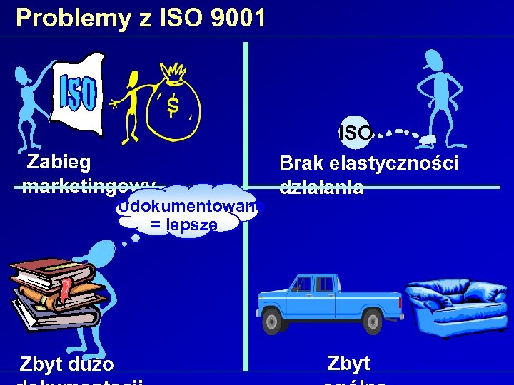 Problemy z ISO 9001 Zabieg marketingowy Udokumentowane = lepsze Zbyt dużo ISO Brak elastyczności