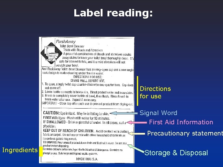 Label reading: Directions for use Signal Word First Aid Information Precautionary statement Ingredients Storage