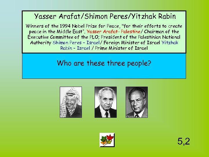 Yasser Arafat/Shimon Peres/Yitzhak Rabin Winners of the 1994 Nobel Prize for Peace, "for their