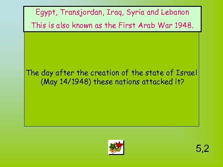 Egypt, Transjordan, Iraq, Syria and Lebanon This is also known as the First Arab