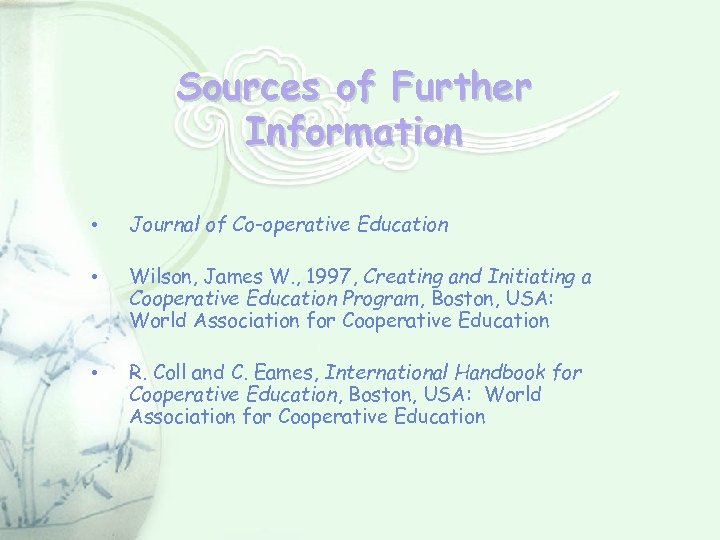 Sources of Further Information Journal of Co-operative Education Wilson, James W. , 1997, Creating