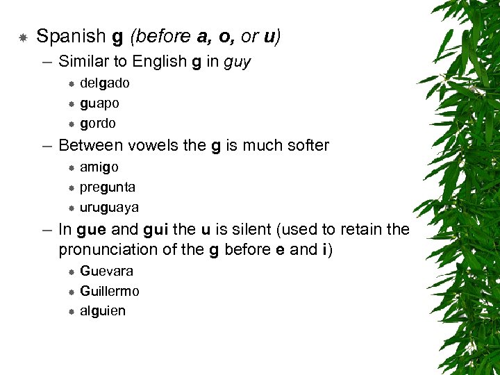  Spanish g (before a, o, or u) – Similar to English g in