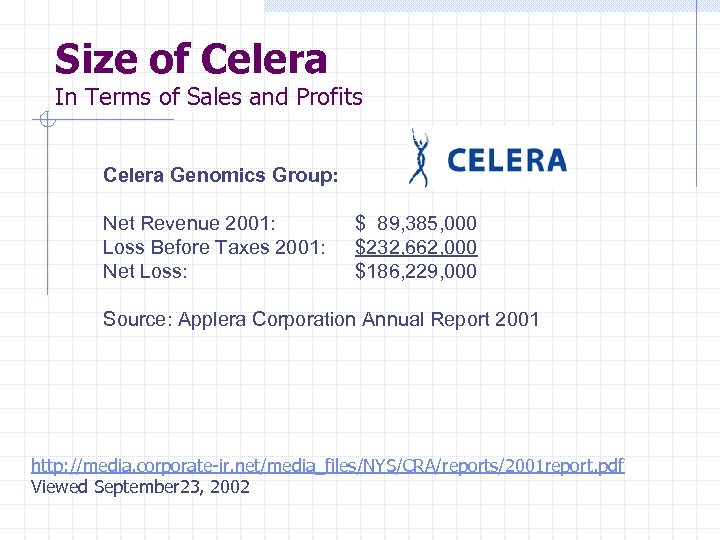 Size of Celera In Terms of Sales and Profits Celera Genomics Group: Net Revenue