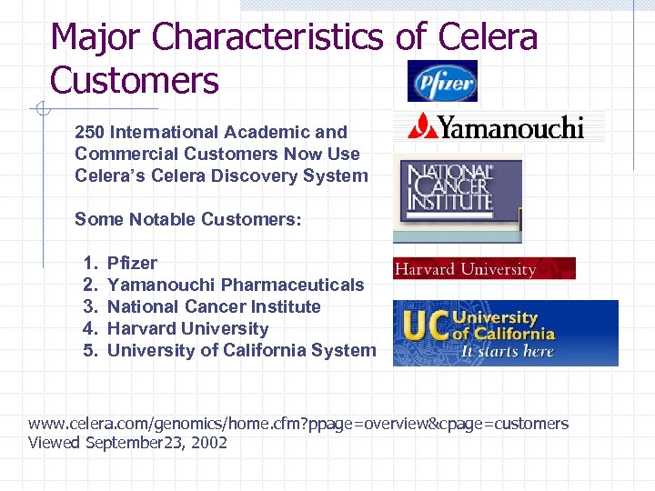 Major Characteristics of Celera Customers 250 International Academic and Commercial Customers Now Use Celera’s