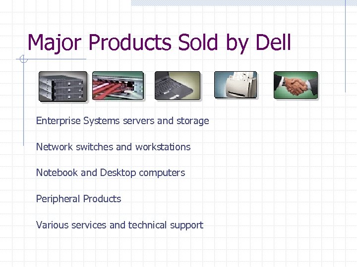 Major Products Sold by Dell Enterprise Systems servers and storage Network switches and workstations