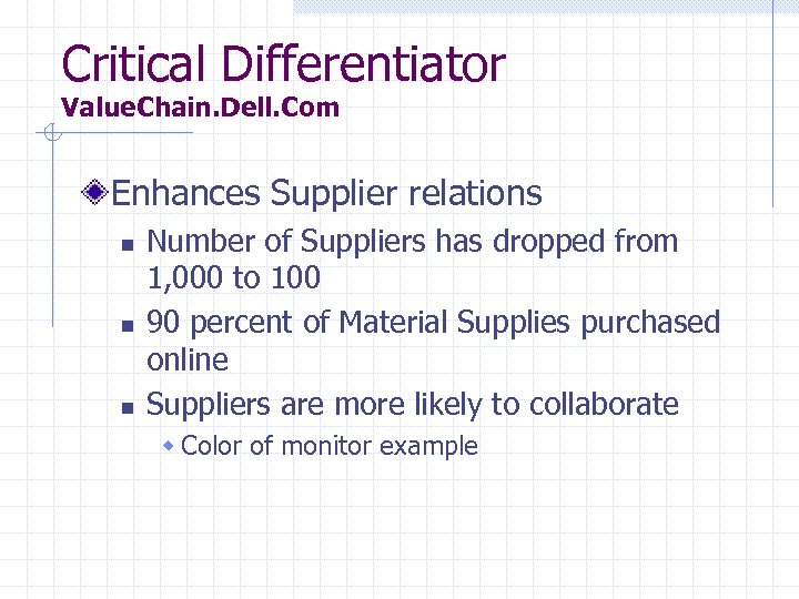 Critical Differentiator Value. Chain. Dell. Com Enhances Supplier relations n n n Number of