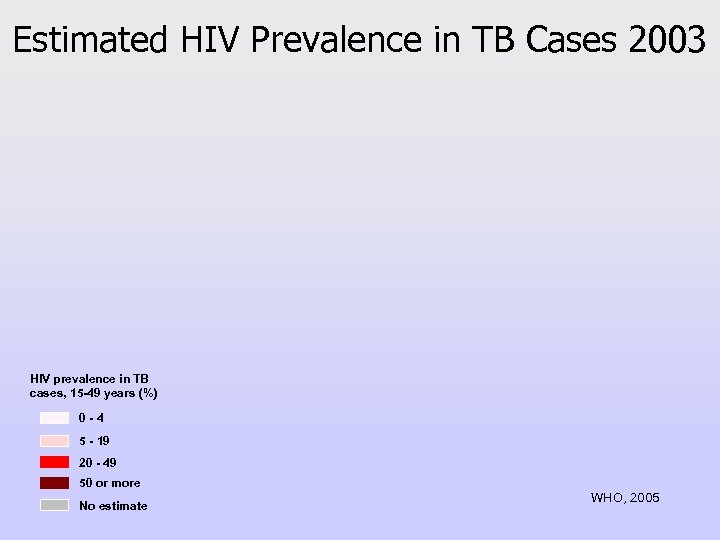 Estimated HIV Prevalence in TB Cases 2003 HIV prevalence in TB cases, 15 -49