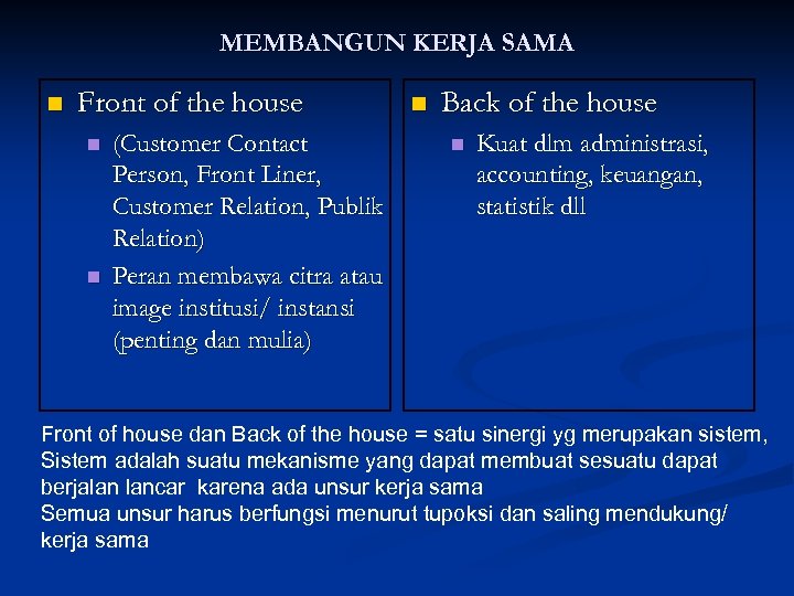 MEMBANGUN KERJA SAMA n Front of the house n n (Customer Contact Person, Front