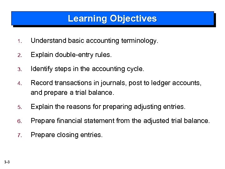 Learning Objectives 1. 2. Explain double-entry rules. 3. Identify steps in the accounting cycle.