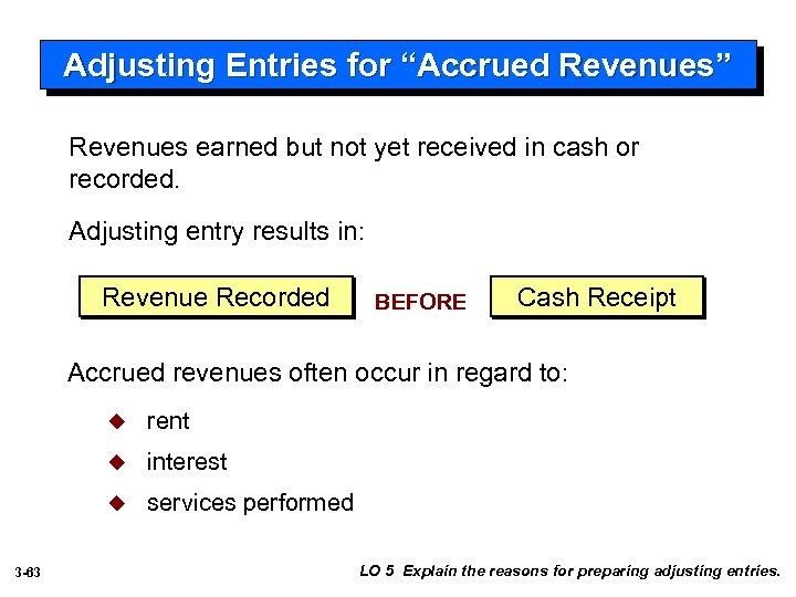 Adjusting Entries for “Accrued Revenues” Revenues earned but not yet received in cash or