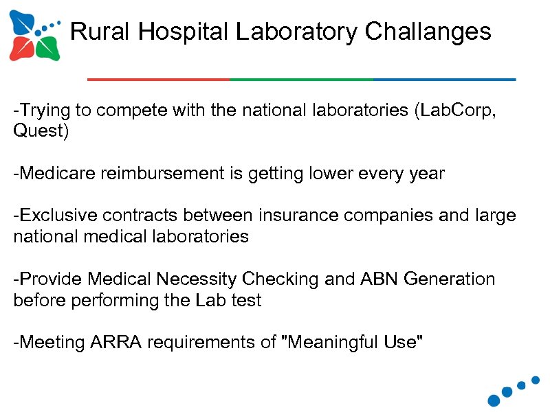  Rural Hospital Laboratory Challanges -Trying to compete with the national laboratories (Lab. Corp,