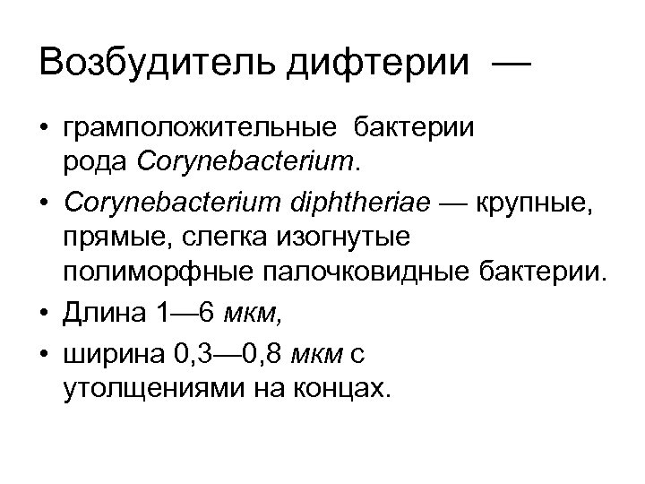 Возбудитель дифтерии — • грамположительные бактерии рода Corynebacterium. • Corynebacterium diphtheriae — крупные, прямые,
