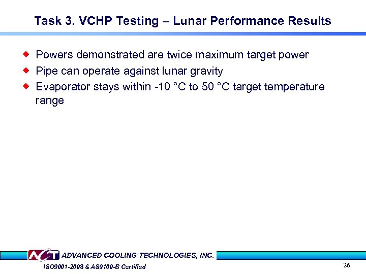 Task 3. VCHP Testing – Lunar Performance Results ® Powers demonstrated are twice maximum