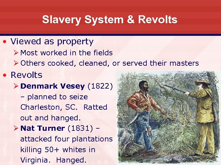 Slavery System & Revolts • Viewed as property Ø Most worked in the fields