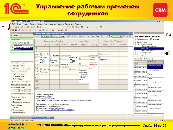 Управление рабочим временем сотрудников • Диспетчеризация: – Просмотр и анализ календаря одного или нескольких