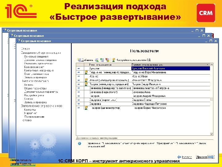 Реализация подхода «Быстрое развертывание» Основные составляющие успешного освоения пользователем « 1 C: CRM КОРП»